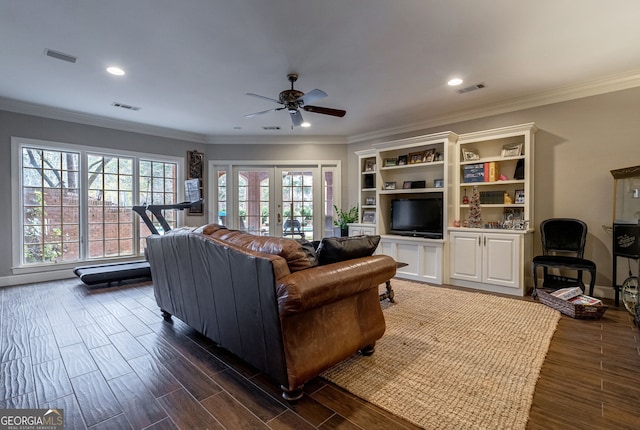 living room with ceiling fan, french doors, and ornamental molding