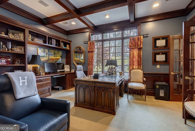 office area with beam ceiling, ornamental molding, light carpet, and coffered ceiling