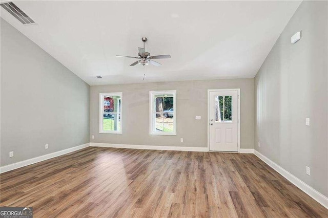 foyer with ceiling fan and hardwood / wood-style floors