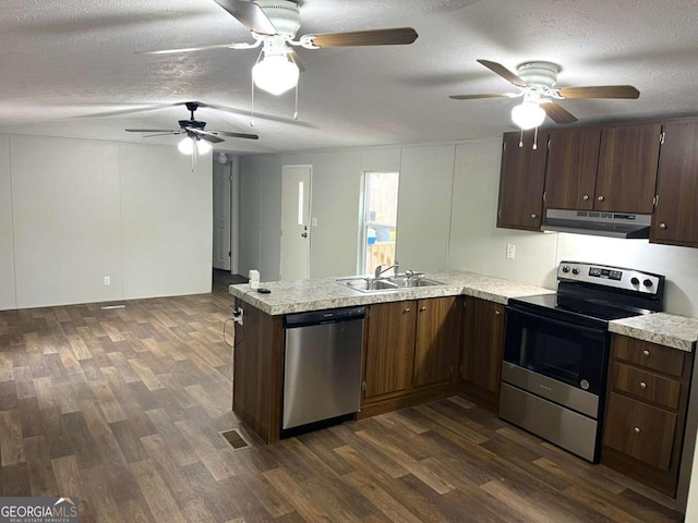 kitchen featuring ventilation hood, sink, a textured ceiling, kitchen peninsula, and stainless steel appliances