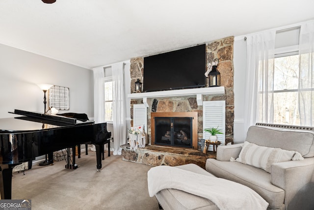 living area with carpet flooring and a stone fireplace