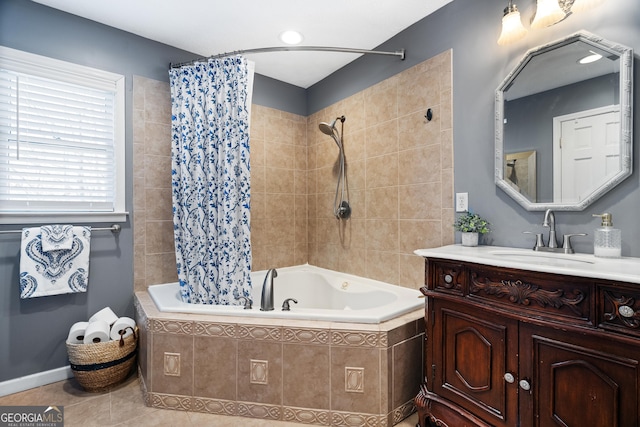 bathroom with tile patterned flooring, shower / tub combo, and vanity