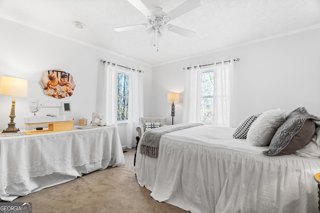 carpeted bedroom featuring a textured ceiling, ceiling fan, and crown molding