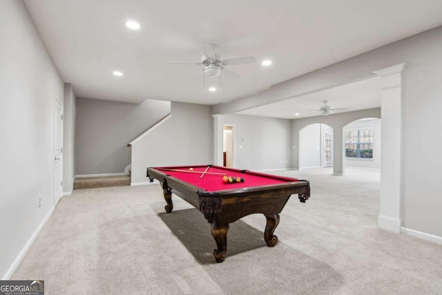 game room with ceiling fan, light colored carpet, and billiards