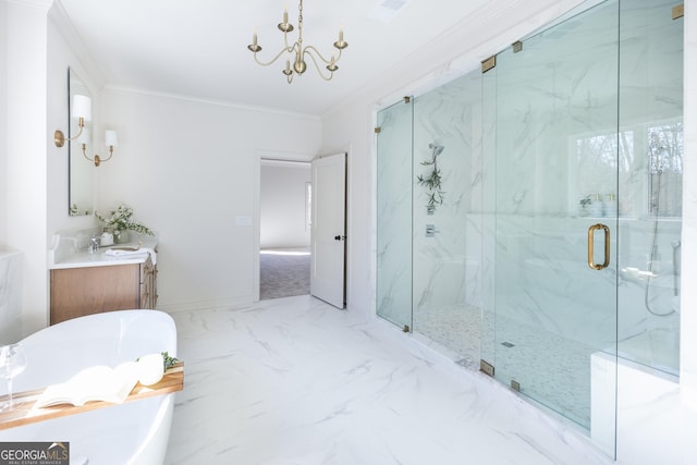 bathroom featuring crown molding, vanity, shower with separate bathtub, and a notable chandelier