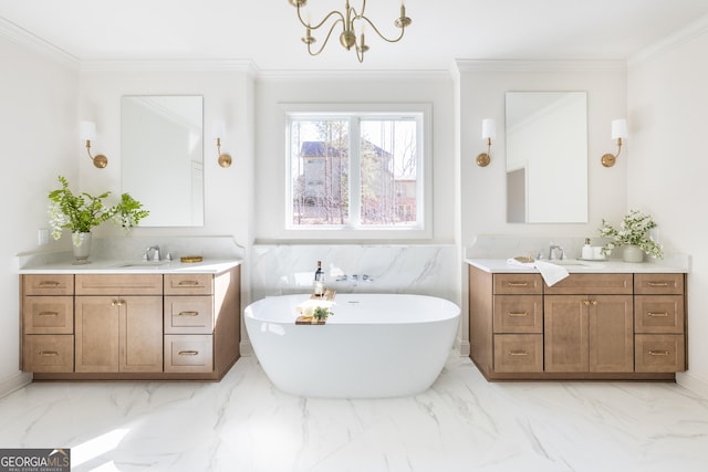 bathroom with a washtub, vanity, and crown molding