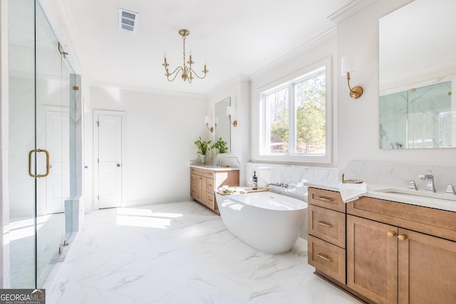 bathroom featuring vanity, ornamental molding, separate shower and tub, and an inviting chandelier