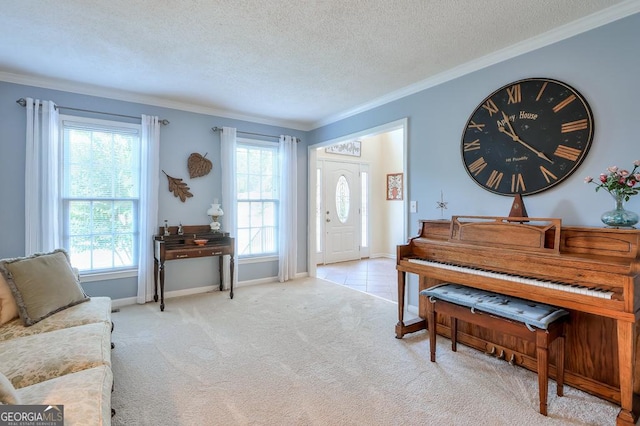 interior space featuring a textured ceiling and crown molding