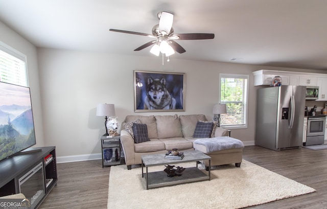 living room with ceiling fan and dark hardwood / wood-style flooring