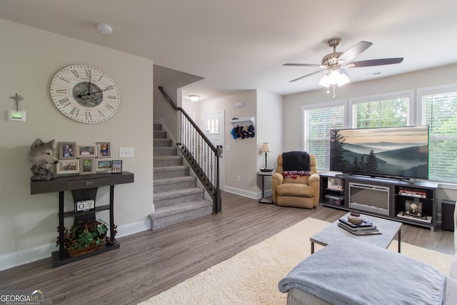 living room featuring hardwood / wood-style flooring and ceiling fan