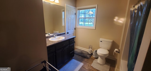 bathroom featuring vanity, hardwood / wood-style flooring, and toilet