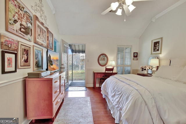 bedroom featuring lofted ceiling, ceiling fan, access to exterior, ornamental molding, and dark hardwood / wood-style flooring