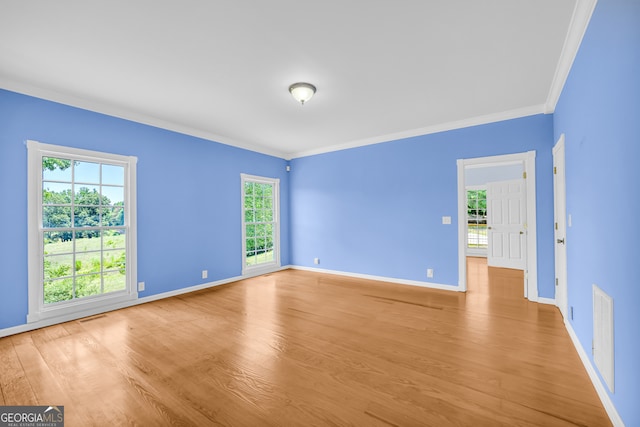 empty room featuring light hardwood / wood-style floors and ornamental molding