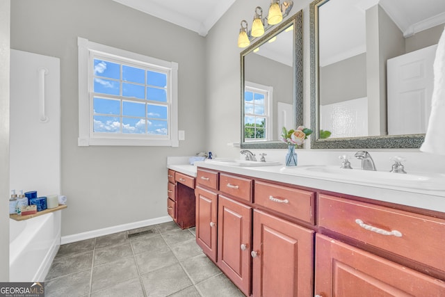 bathroom featuring a bath, vanity, tile patterned floors, and crown molding