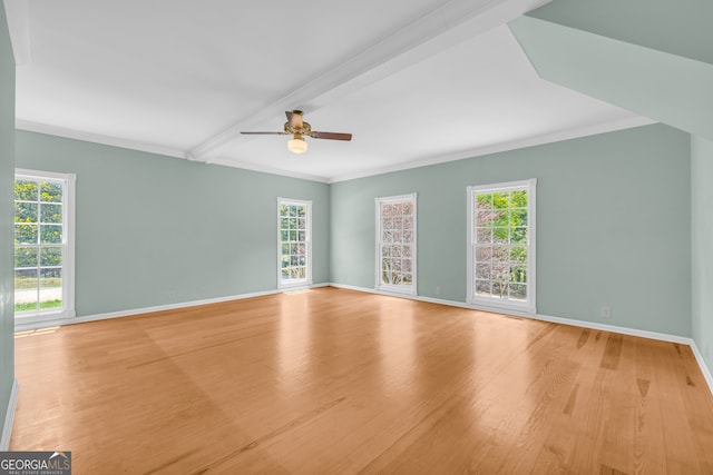 spare room featuring beam ceiling, ceiling fan, light hardwood / wood-style flooring, and ornamental molding