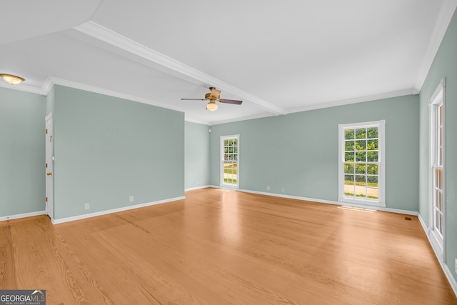 empty room with ceiling fan, light hardwood / wood-style floors, ornamental molding, and a healthy amount of sunlight