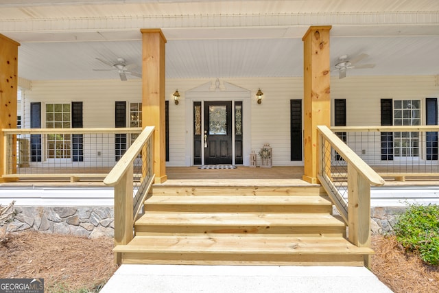 doorway to property featuring ceiling fan