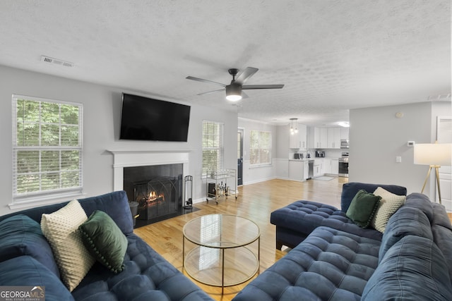 living room featuring a textured ceiling, light hardwood / wood-style flooring, and ceiling fan