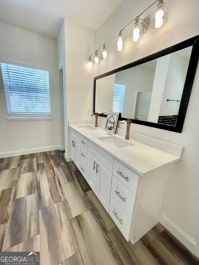 bathroom featuring hardwood / wood-style floors and vanity