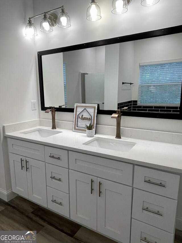 bathroom with wood-type flooring and vanity