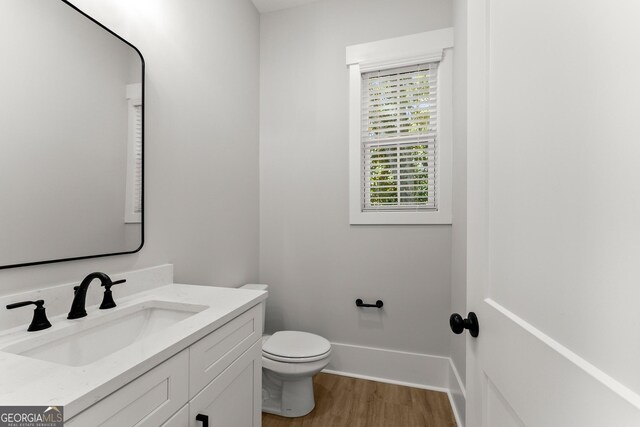 bathroom featuring hardwood / wood-style flooring, vanity, and toilet