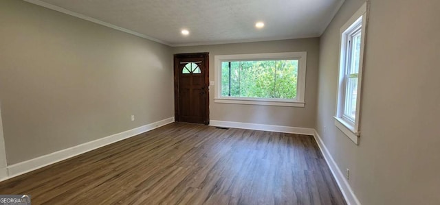 foyer featuring dark hardwood / wood-style floors, a healthy amount of sunlight, ornamental molding, and a textured ceiling