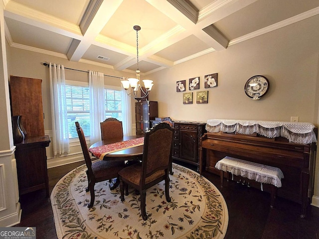 dining area featuring beamed ceiling, dark hardwood / wood-style floors, coffered ceiling, and a chandelier