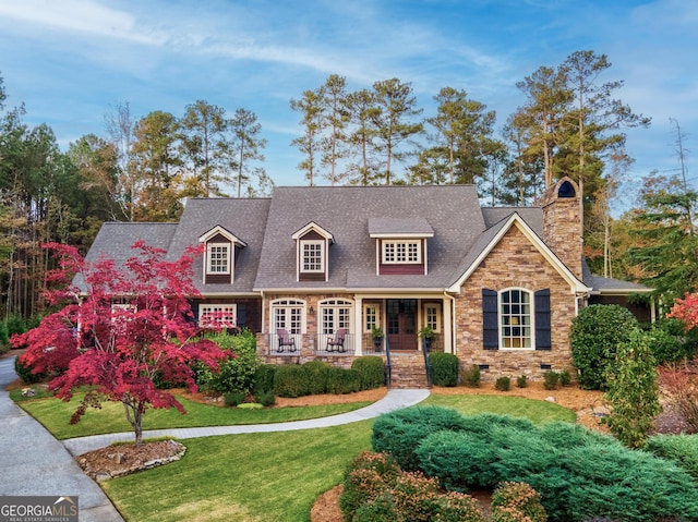 cape cod house featuring a porch and a front lawn