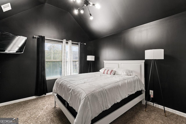 carpeted bedroom featuring vaulted ceiling