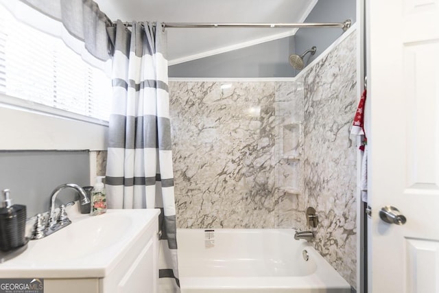 bathroom with vanity and shower / bath combo with shower curtain