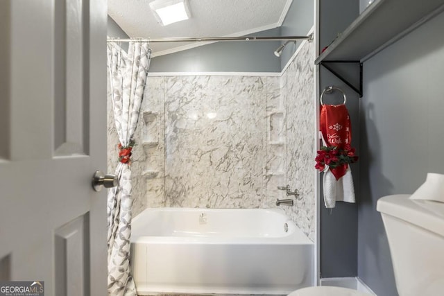 bathroom featuring vaulted ceiling, toilet, ornamental molding, a textured ceiling, and shower / tub combo