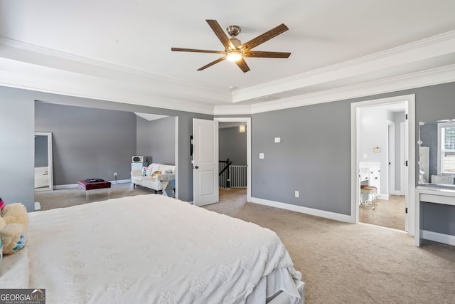 carpeted bedroom featuring ceiling fan and ornamental molding