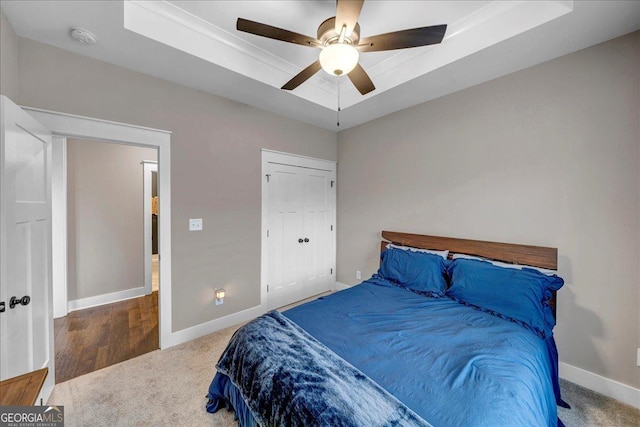 bedroom featuring a tray ceiling and ceiling fan