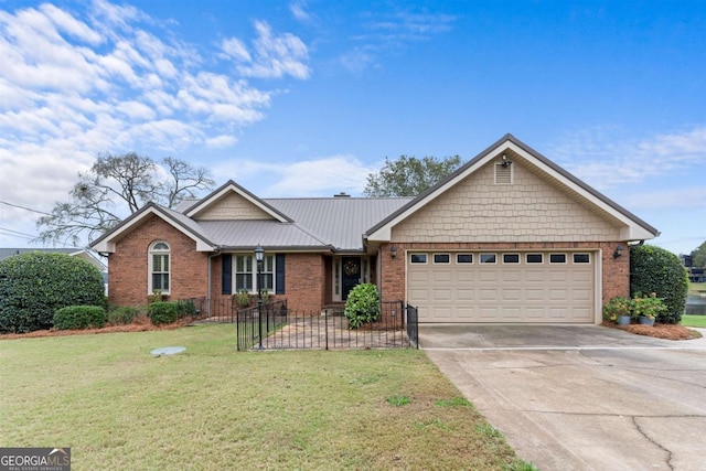 ranch-style house featuring an attached garage, brick siding, concrete driveway, and a front yard