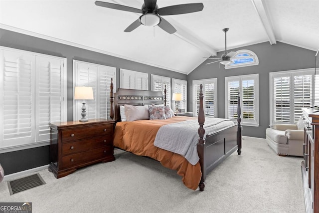 bedroom featuring visible vents, lofted ceiling with beams, light carpet, ceiling fan, and baseboards