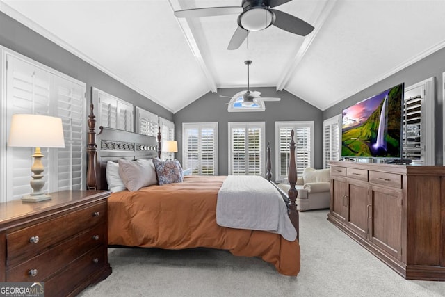 bedroom featuring light carpet, ceiling fan, and lofted ceiling with beams