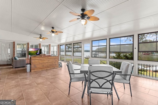 sunroom / solarium with plenty of natural light and a water view