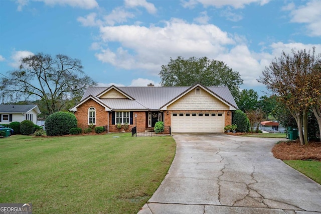 ranch-style house with driveway, metal roof, an attached garage, a front lawn, and brick siding