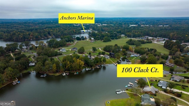 birds eye view of property with a water view and a forest view