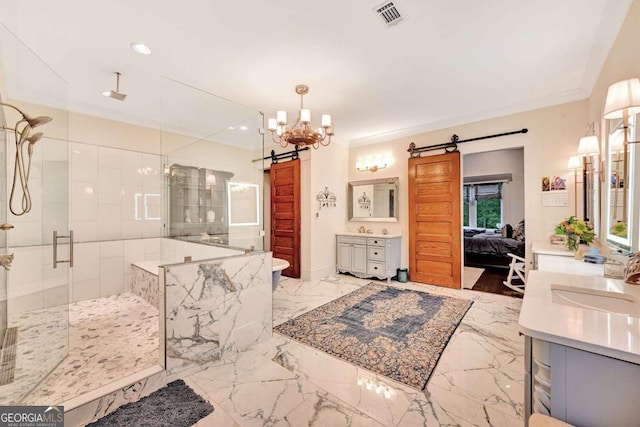 bathroom featuring a notable chandelier, vanity, ornamental molding, and walk in shower