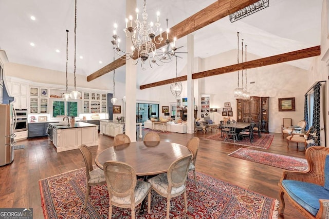 dining area with beamed ceiling, high vaulted ceiling, and dark wood-type flooring