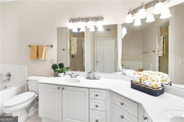 full bathroom featuring vanity, shower with separate bathtub, tile patterned floors, and toilet