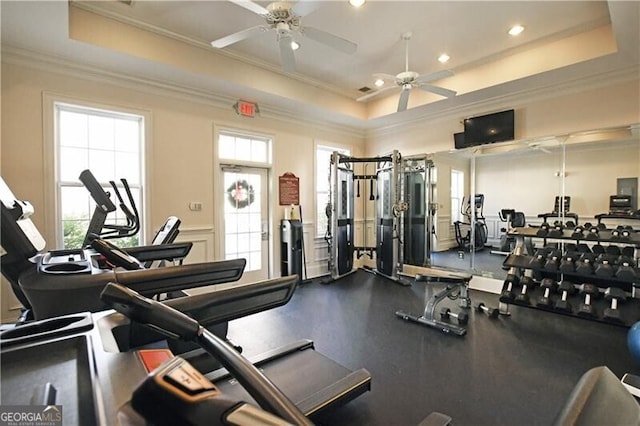 workout area featuring crown molding, ceiling fan, and a tray ceiling