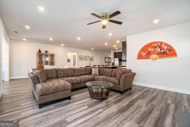 living room with ceiling fan and wood-type flooring