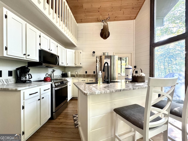 kitchen featuring sink, a kitchen breakfast bar, white cabinets, wood ceiling, and appliances with stainless steel finishes