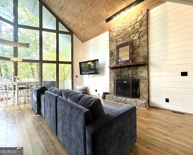 living room with a wealth of natural light, a fireplace, high vaulted ceiling, and wood-type flooring