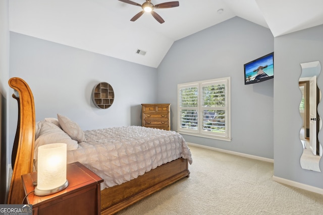 carpeted bedroom featuring ceiling fan and lofted ceiling