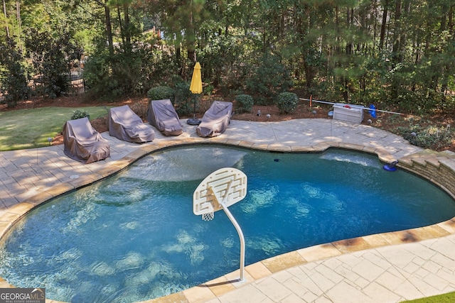 view of swimming pool featuring a patio area