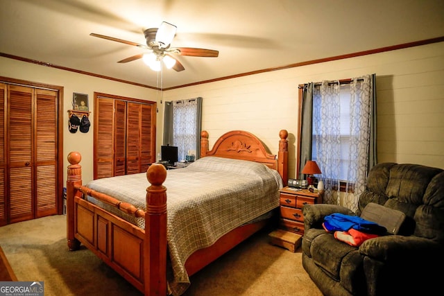 bedroom featuring carpet flooring, multiple windows, ceiling fan, multiple closets, and ornamental molding