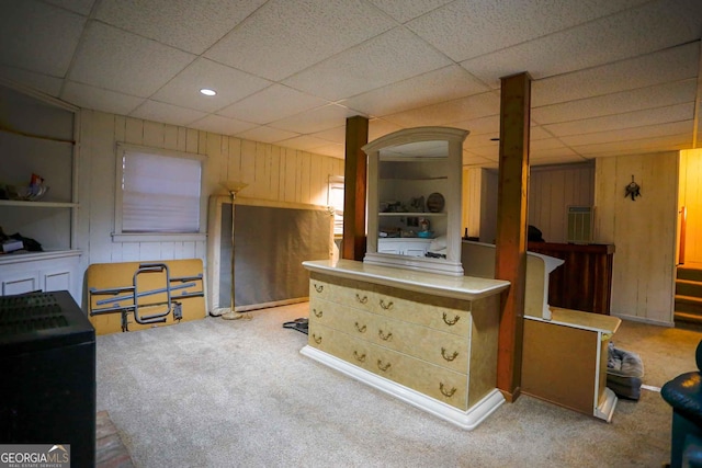 kitchen featuring carpet flooring and wood walls